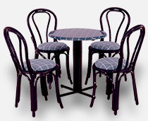 View Dining Set - Marine Chairs with Black Webbing and arms around a multi pillars table